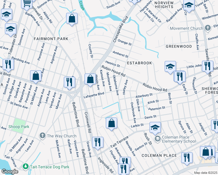 map of restaurants, bars, coffee shops, grocery stores, and more near 3113 Montana Avenue in Norfolk