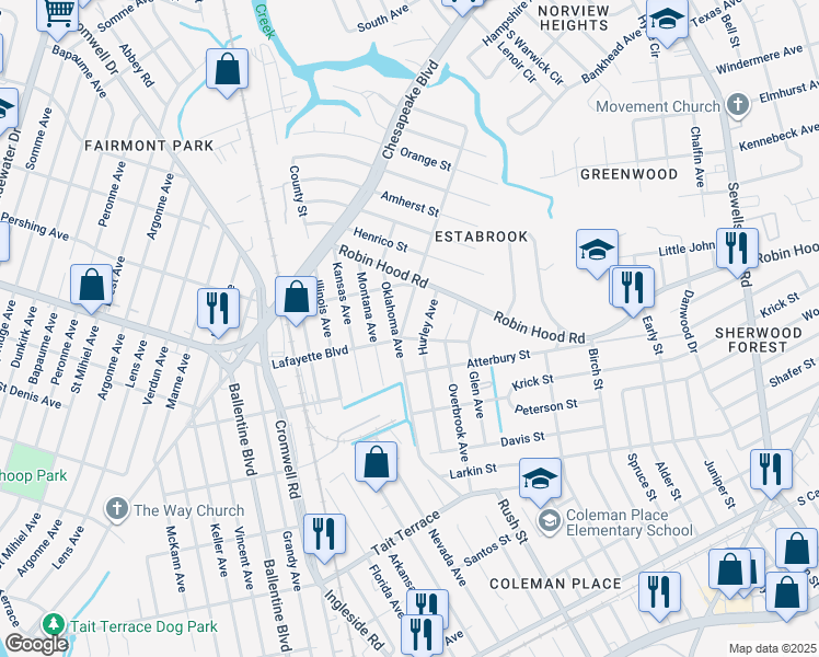 map of restaurants, bars, coffee shops, grocery stores, and more near 3104 Jersey Ave in Norfolk
