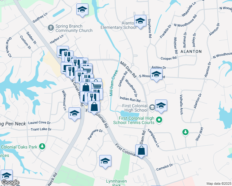 map of restaurants, bars, coffee shops, grocery stores, and more near 1305 Graham Road in Virginia Beach