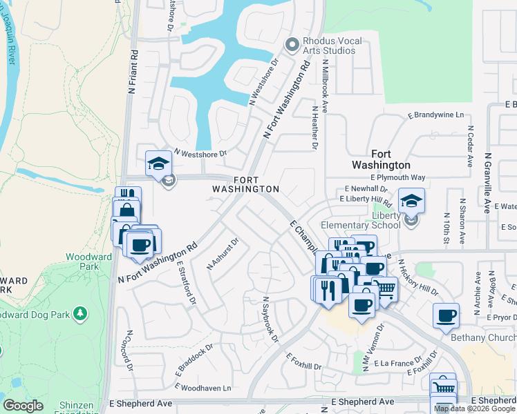 map of restaurants, bars, coffee shops, grocery stores, and more near 9628 East Edgemont Drive in Fresno