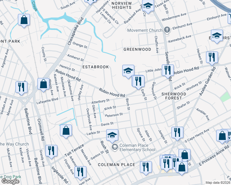 map of restaurants, bars, coffee shops, grocery stores, and more near 3417 E Bonner Dr in Norfolk