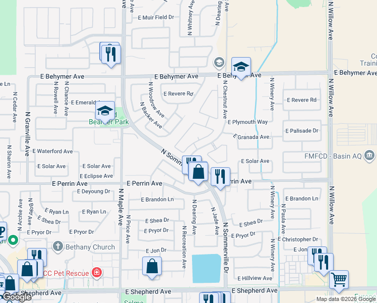 map of restaurants, bars, coffee shops, grocery stores, and more near 9611 North Willey Court in Fresno