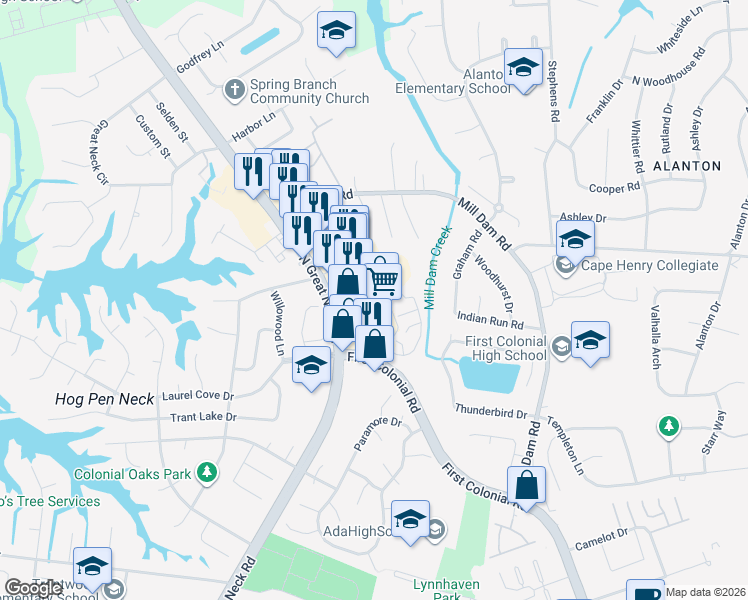 map of restaurants, bars, coffee shops, grocery stores, and more near 2140 Great Neck Square in Virginia Beach