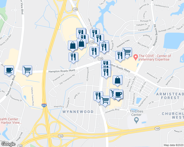 map of restaurants, bars, coffee shops, grocery stores, and more near 6133 Bradford Drive in Suffolk