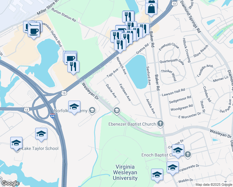 map of restaurants, bars, coffee shops, grocery stores, and more near 1017 Dulcie Avenue in Virginia Beach