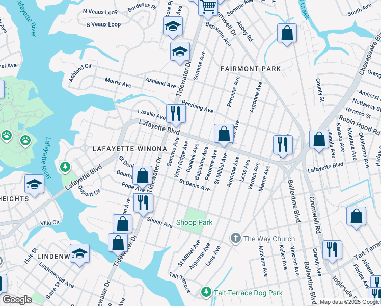 map of restaurants, bars, coffee shops, grocery stores, and more near 3111 Dunkirk Avenue in Norfolk