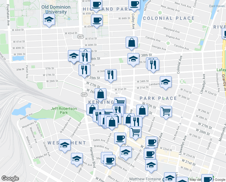 map of restaurants, bars, coffee shops, grocery stores, and more near 2700 Killam Avenue in Norfolk