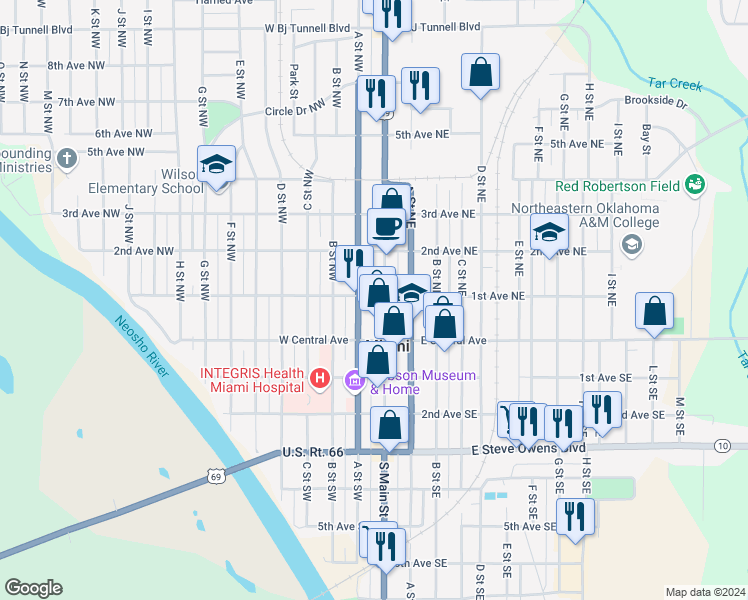 map of restaurants, bars, coffee shops, grocery stores, and more near 41 North Main Street in Miami