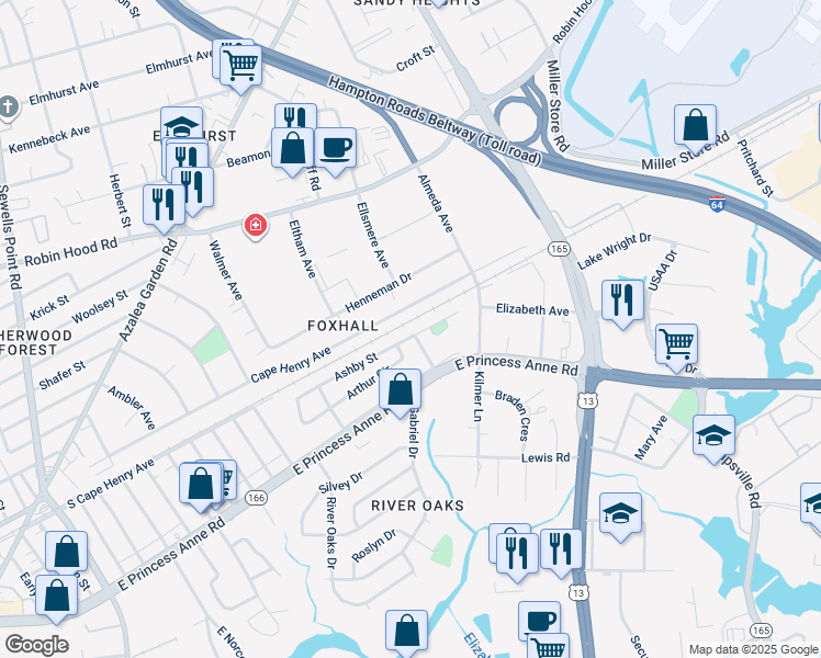 map of restaurants, bars, coffee shops, grocery stores, and more near 5376 Ashby Street in Norfolk