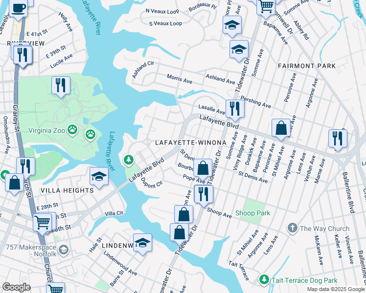 map of restaurants, bars, coffee shops, grocery stores, and more near 1505 Lafayette Boulevard in Norfolk