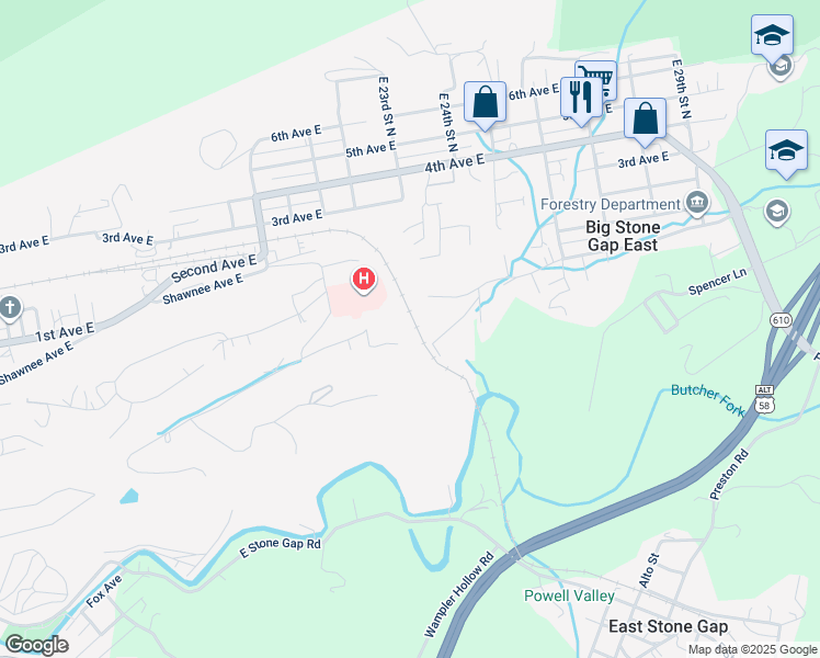 map of restaurants, bars, coffee shops, grocery stores, and more near 2045 Valley View Drive in Big Stone Gap