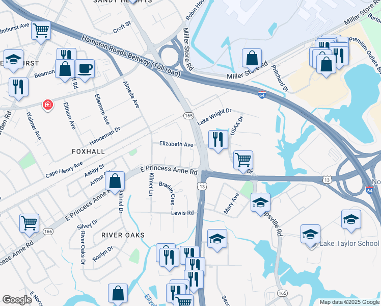 map of restaurants, bars, coffee shops, grocery stores, and more near 5619 Elizabeth Avenue in Norfolk