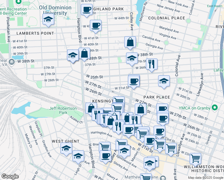 map of restaurants, bars, coffee shops, grocery stores, and more near 2700 Killam Avenue in Norfolk