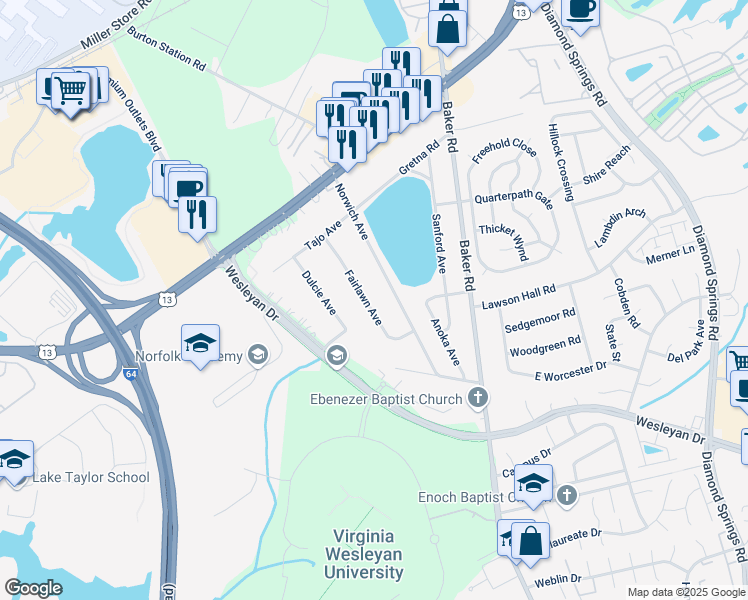 map of restaurants, bars, coffee shops, grocery stores, and more near 1032 Fairlawn Avenue in Virginia Beach