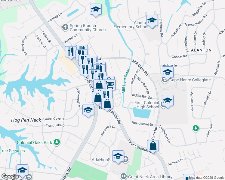 map of restaurants, bars, coffee shops, grocery stores, and more near 2140 Great Neck Square in Virginia Beach