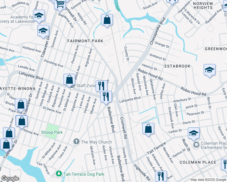 map of restaurants, bars, coffee shops, grocery stores, and more near 3218 Flanders Avenue in Norfolk