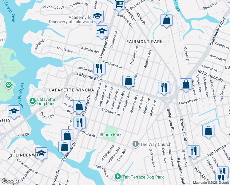 map of restaurants, bars, coffee shops, grocery stores, and more near 3119 Peronne Avenue in Norfolk