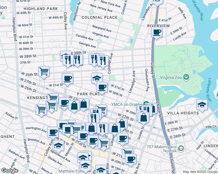 map of restaurants, bars, coffee shops, grocery stores, and more near 3020 Colonial Avenue in Norfolk