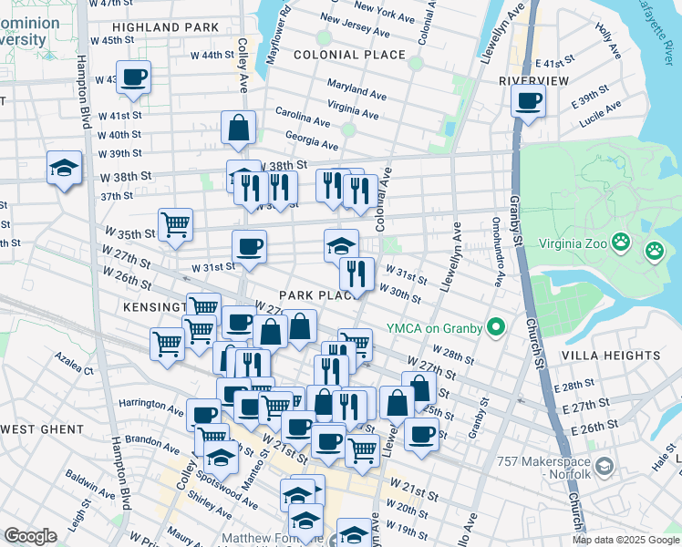 map of restaurants, bars, coffee shops, grocery stores, and more near 520 West 29th Street in Norfolk
