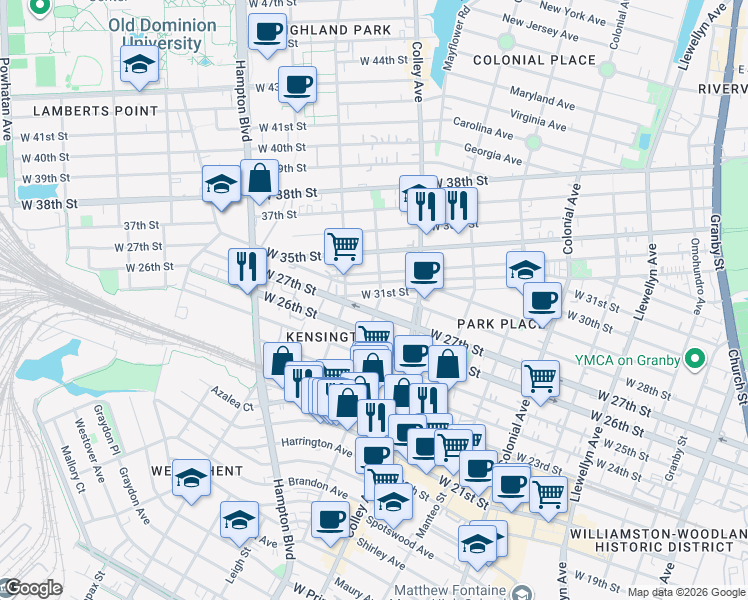 map of restaurants, bars, coffee shops, grocery stores, and more near 916 West 27th Street in Norfolk