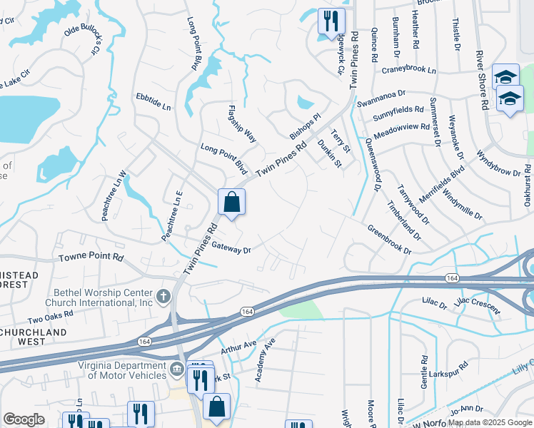 map of restaurants, bars, coffee shops, grocery stores, and more near 3630 Gateway Drive in Portsmouth