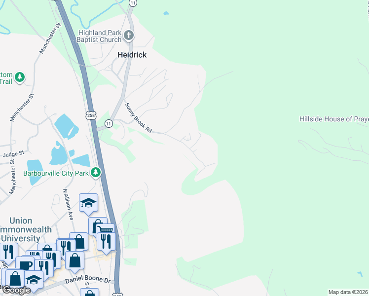 map of restaurants, bars, coffee shops, grocery stores, and more near 416 Sunny Brook Road in Barbourville