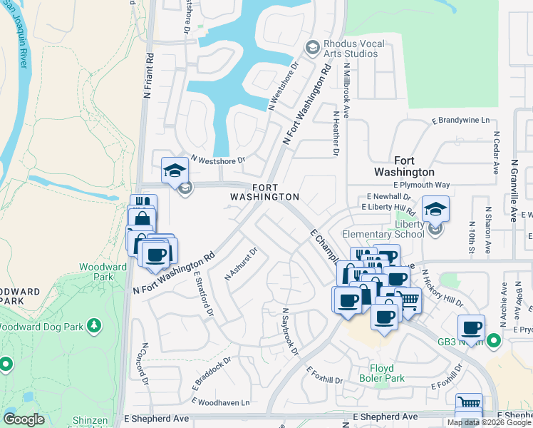 map of restaurants, bars, coffee shops, grocery stores, and more near 9628 East Edgemont Drive in Fresno