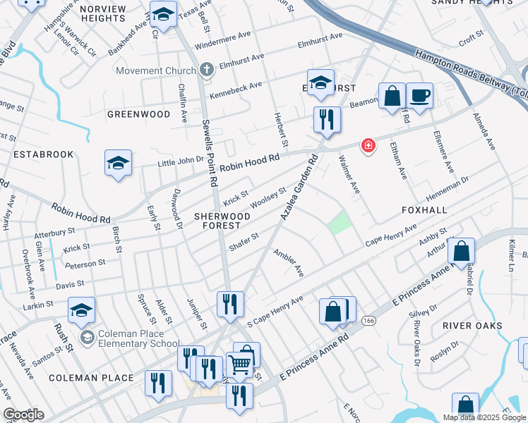 map of restaurants, bars, coffee shops, grocery stores, and more near 4940 Bruce Street in Norfolk