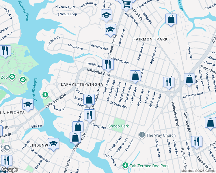 map of restaurants, bars, coffee shops, grocery stores, and more near 3104 Somme Ave in Norfolk