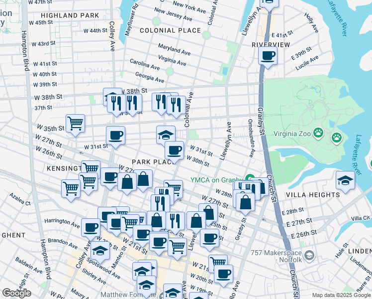 map of restaurants, bars, coffee shops, grocery stores, and more near 3020 Colonial Avenue in Norfolk