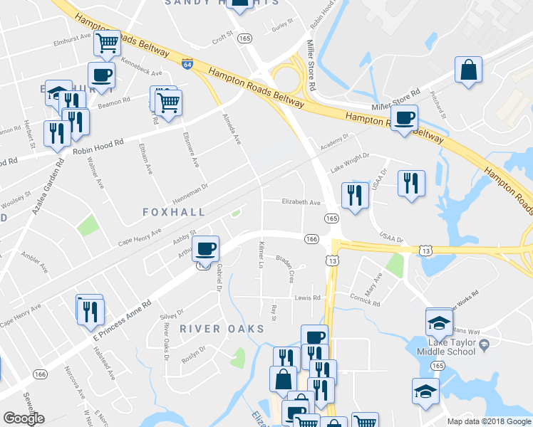 map of restaurants, bars, coffee shops, grocery stores, and more near 1524 Kilmer Lane in Norfolk