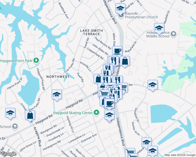 map of restaurants, bars, coffee shops, grocery stores, and more near 1020 Miles Standish Road in Virginia Beach