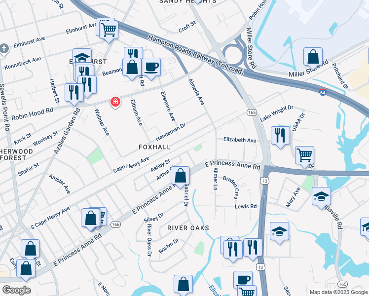 map of restaurants, bars, coffee shops, grocery stores, and more near 5376 Ashby Street in Norfolk