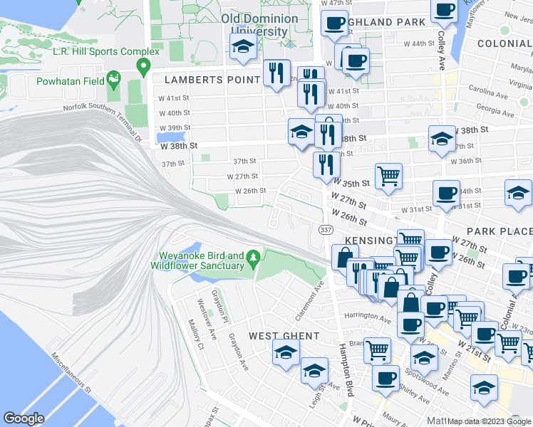 map of restaurants, bars, coffee shops, grocery stores, and more near 2409 Bowdens Ferry Road in Norfolk
