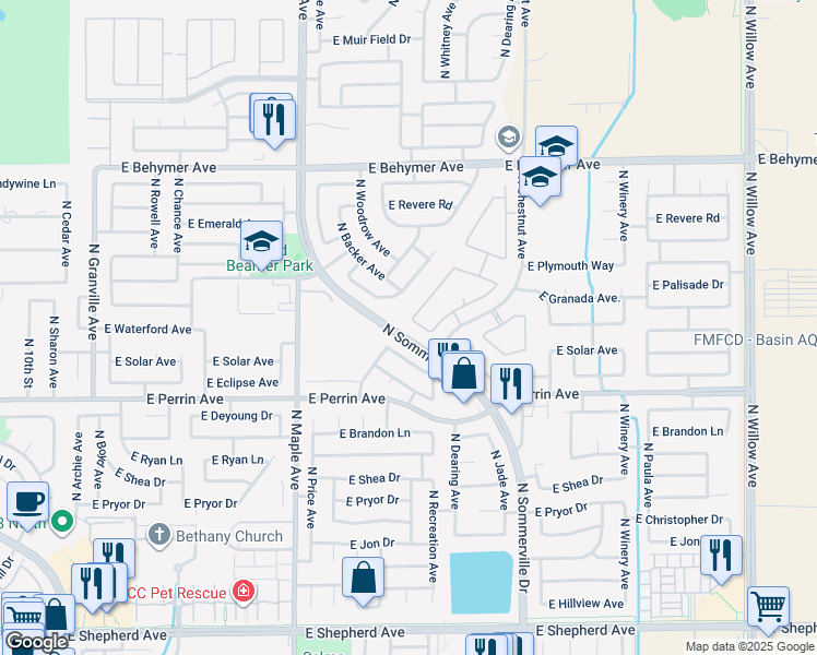 map of restaurants, bars, coffee shops, grocery stores, and more near 9639 North Willey Court in Fresno