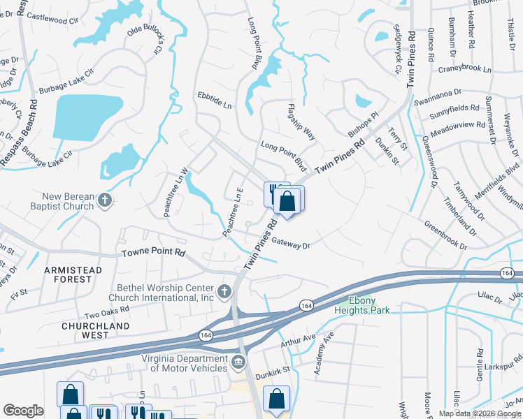 map of restaurants, bars, coffee shops, grocery stores, and more near 3828 Sugar Creek Circle in Portsmouth