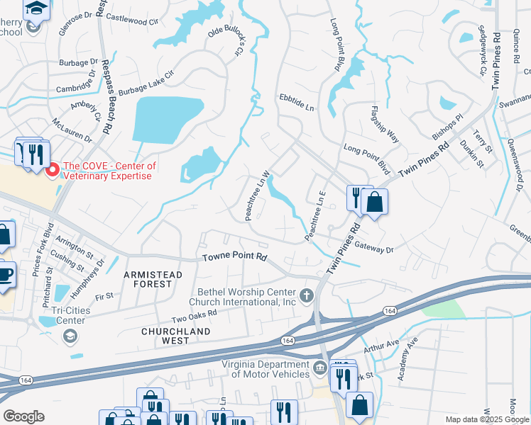 map of restaurants, bars, coffee shops, grocery stores, and more near 3823 Harvest Court in Portsmouth