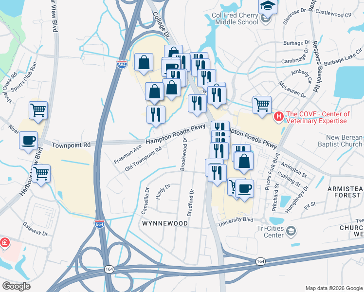 map of restaurants, bars, coffee shops, grocery stores, and more near 6441 Town Point Road in Suffolk