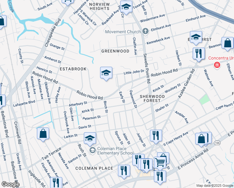 map of restaurants, bars, coffee shops, grocery stores, and more near 4545 Robin Hood Road in Norfolk