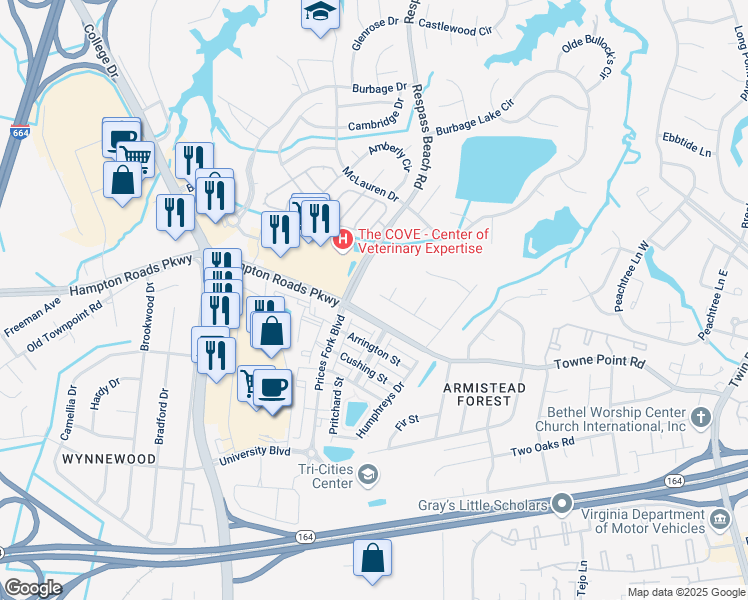 map of restaurants, bars, coffee shops, grocery stores, and more near 6701 Whitewood Street in Suffolk