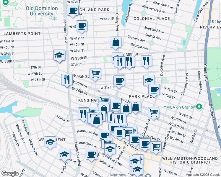 map of restaurants, bars, coffee shops, grocery stores, and more near 819 W 28th St in Norfolk