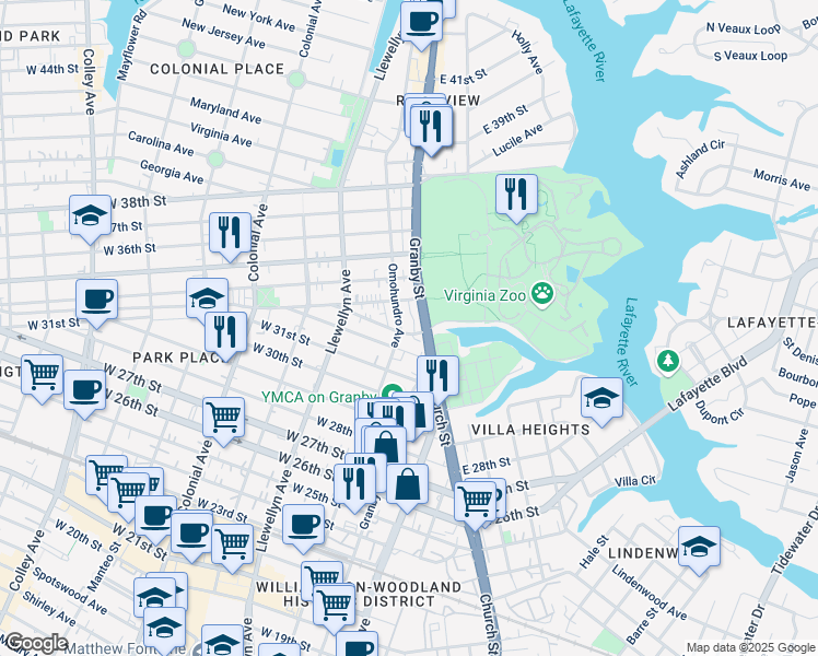 map of restaurants, bars, coffee shops, grocery stores, and more near 122 Broadway Street in Norfolk