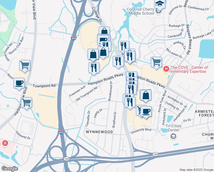 map of restaurants, bars, coffee shops, grocery stores, and more near 6441 Town Point Road in Suffolk
