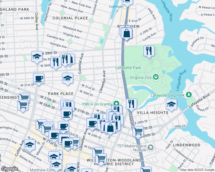map of restaurants, bars, coffee shops, grocery stores, and more near 234 West 32nd Street in Norfolk
