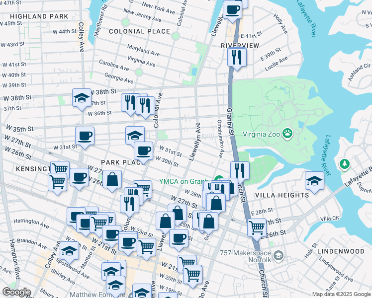 map of restaurants, bars, coffee shops, grocery stores, and more near 315 West 32nd Street in Norfolk