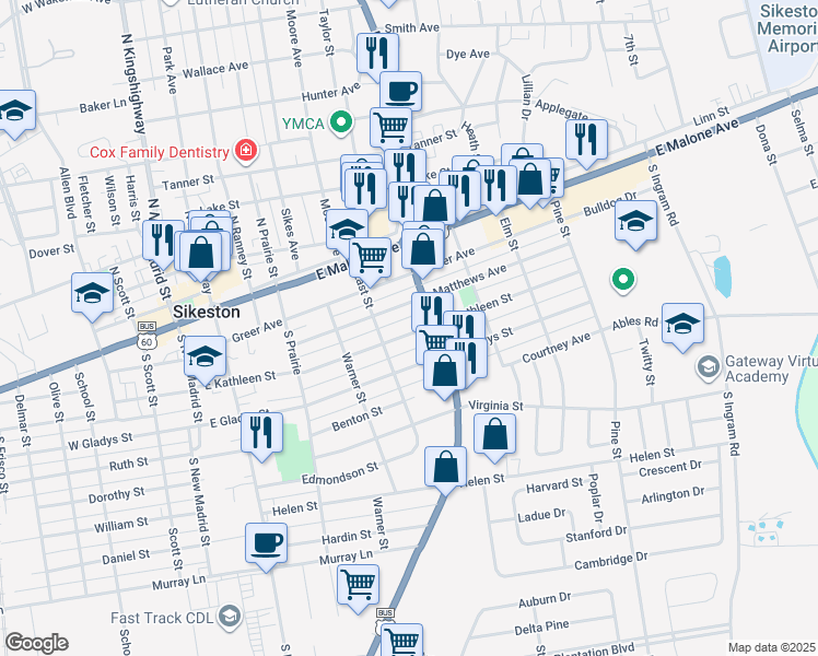 map of restaurants, bars, coffee shops, grocery stores, and more near 524 East Kathleen Street in Sikeston