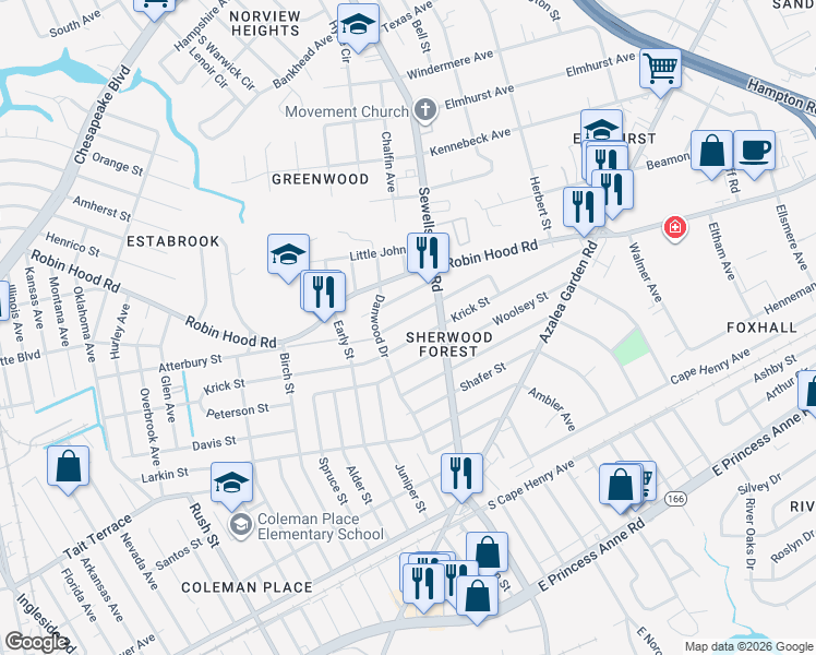 map of restaurants, bars, coffee shops, grocery stores, and more near 4724 Krick Street in Norfolk