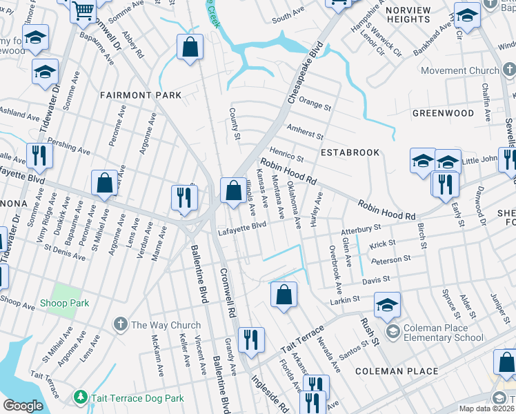 map of restaurants, bars, coffee shops, grocery stores, and more near 3116 Illinois Avenue in Norfolk