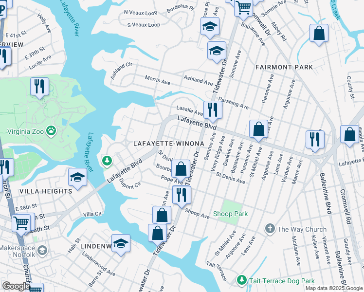 map of restaurants, bars, coffee shops, grocery stores, and more near in Norfolk