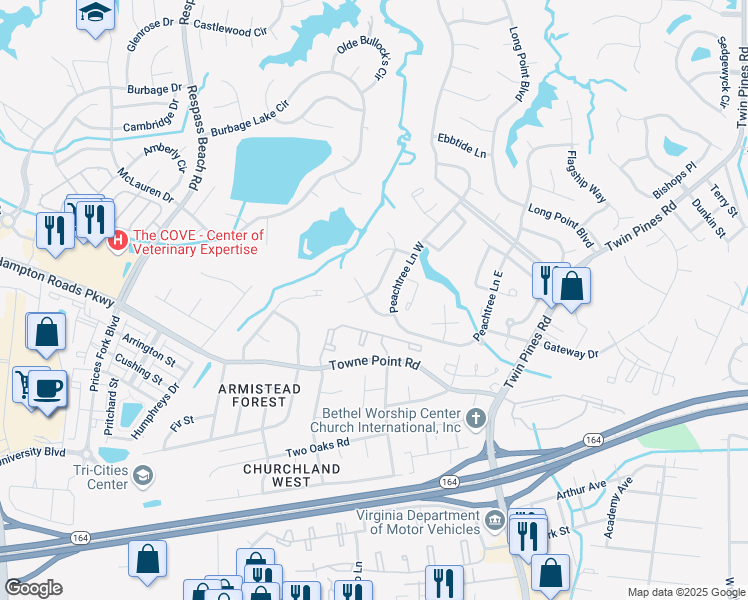 map of restaurants, bars, coffee shops, grocery stores, and more near 3807 Stateflower Court in Portsmouth